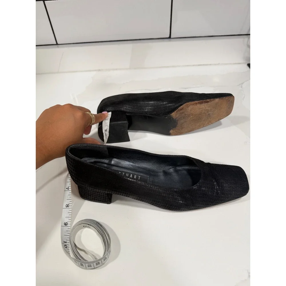 Stuart Weitzman Black Textured Square Toe Block‎ Heel Pumps 8.5B 4W 67060 Spain